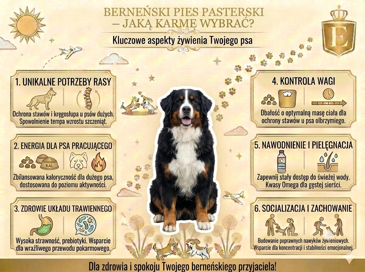 Infografika przedstawiająca najważniejsze zasady żywienia berneńskiego psa pasterskiego. W centrum znajduje się berneński pies pasterski, a wokół sześć kluczowych zagadnień: potrzeby żywieniowe rasy, odpowiednia ilość energii, wsparcie układu trawiennego, kontrola masy ciała, nawodnienie i pielęgnacja oraz wpływ prawidłowego żywienia na zachowanie i socjalizację psa.